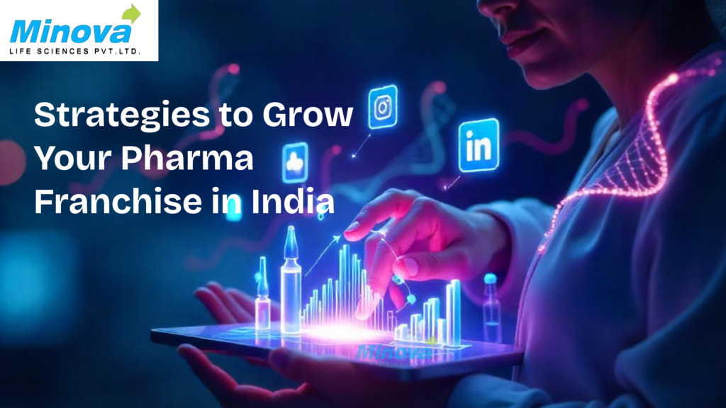 Pharma franchise digital marketing strategies in India – futuristic image showing a person interacting with social media icons (Facebook, Instagram, LinkedIn, Google Ads) and pharma-related elements like vials and data charts, symbolizing online engagement and lead generation