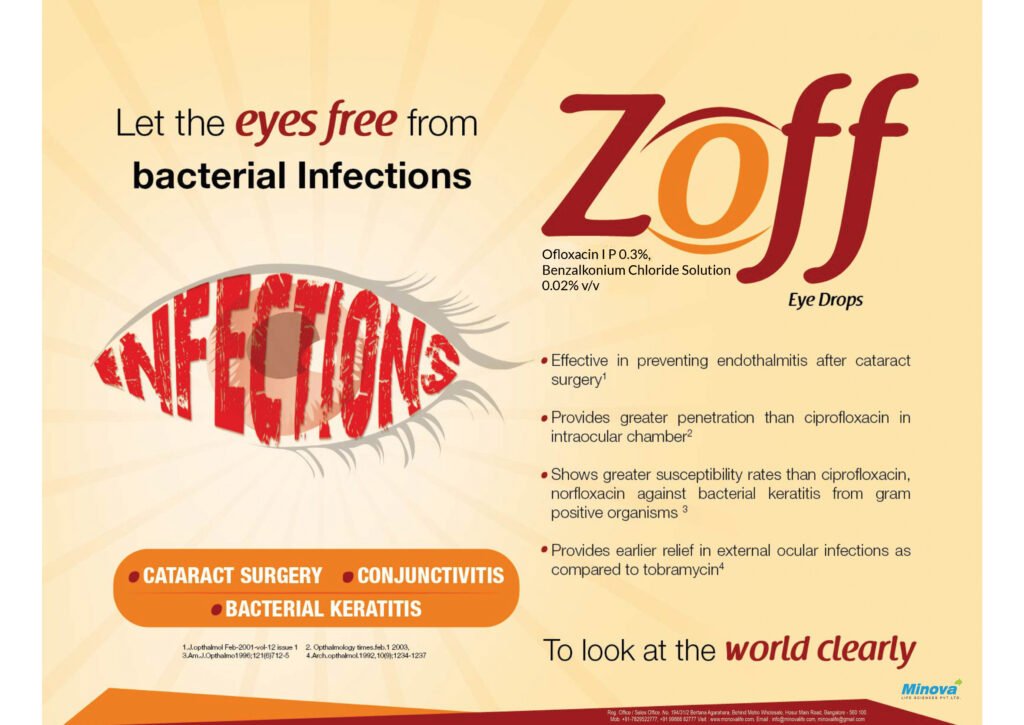 Zoff Eye Drops bottle by Minova Life Sciences for bacterial eye infection treatment containing Ofloxacin 0.3% and Benzalkonium Chloride 0.02%