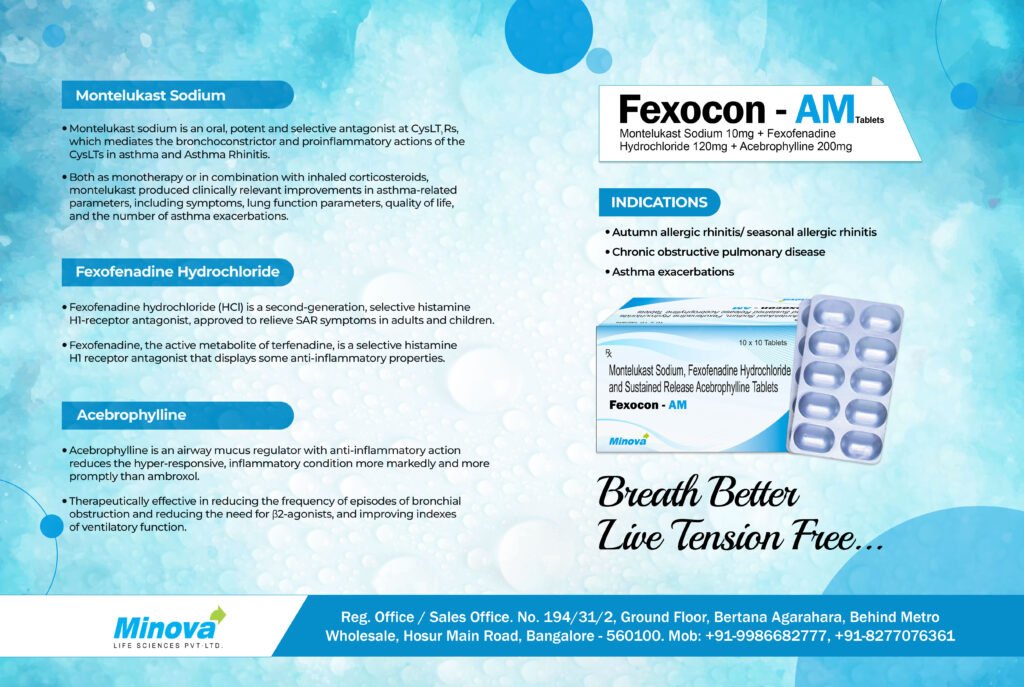 Fexocon-AM Tablets pack with Montelukast, Fexofenadine, and Acebrophylline for allergy and asthma relief.